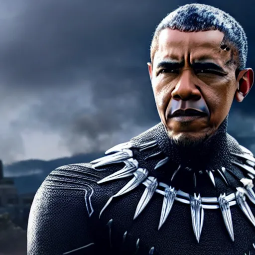 Prompt: Barack Obama cast as Black Panther, still from marvel movie, hyperrealistic, 8k, Octane Render,