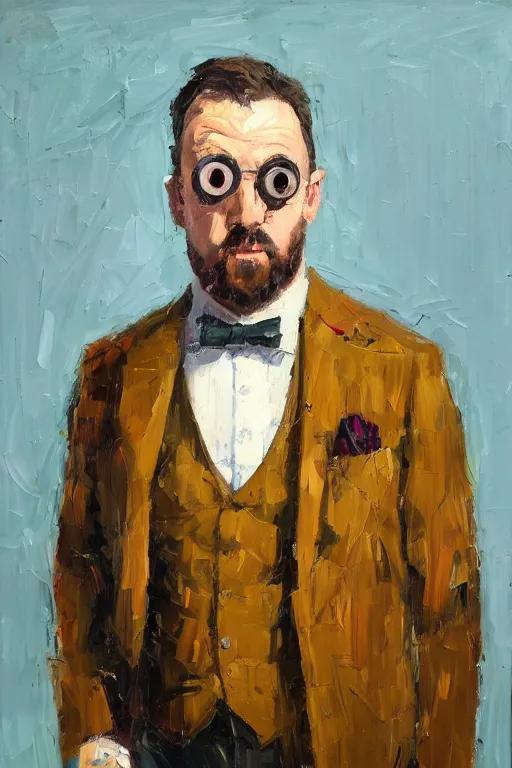 Image similar to palette knife oil painting portrait of graham, a fellow in a three - piece suit and monocle, peering over from his heavy, lacquered oak reception desk, extreme detail, artstation trending, artgerm, any racial background, deviant art, close up, octane, substance, art history 8 k