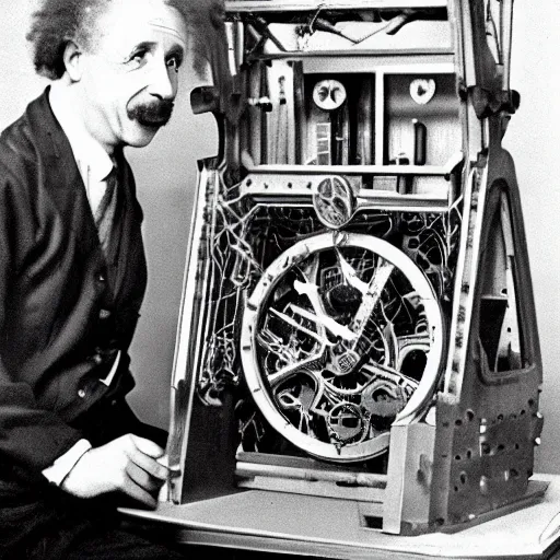 Image similar to albert einstein building intricate and complex clock time machine, vintage photograph