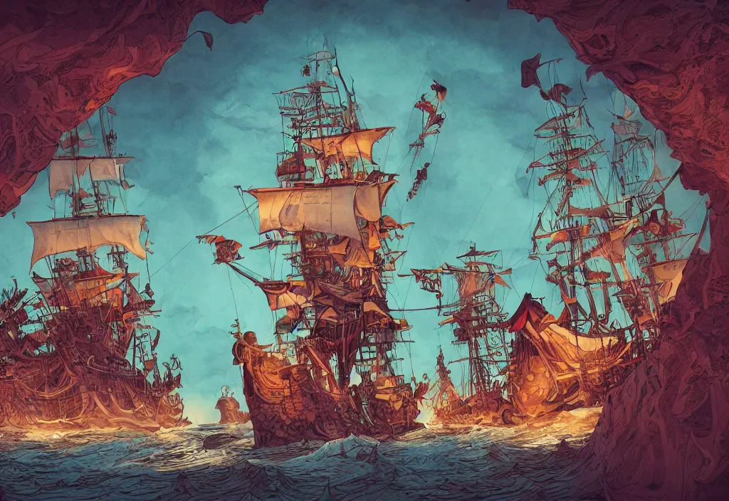 Prompt: handmade illustration of a pirate ship, line art!!, ink, watercolor by Kilian Eng and by Jake Parker, winning-award masterpiece, fantastic, octane render, 8K HD Resolution, High quality image