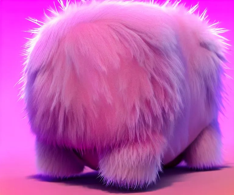 Image similar to high quality 3 d render hyperrealist very cute fluffy tardiradiant, plush mascot, long spiky fluffy smooth hair, photo from the side, pink fluffy fur, vray, smooth background, artstation, ultra detailed