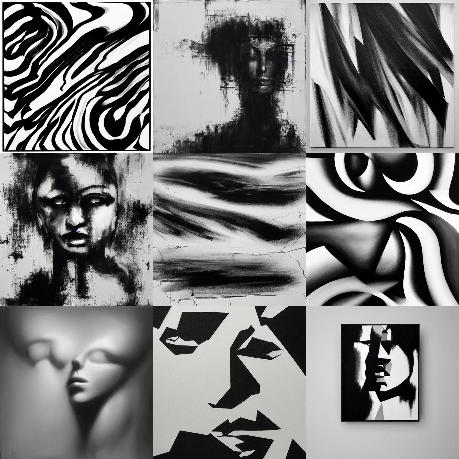 Image similar to a solemn simulacrum, trending on artstation, masterpiece, abstract black and white painting