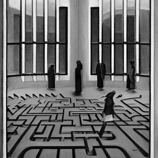 Image similar to first - person view of a stark concrete maze with people looking into portholes, grant wood, pj crook, edward hopper, oil on canvas