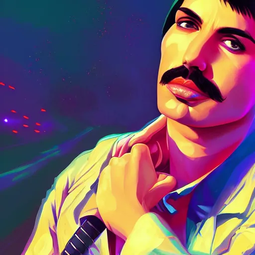 Prompt: portrait of freddie mercury, concert stage background, rich vivid colors, ambient lighting, dynamic lighting, 4k, HQ, official media, anime key visual, makoto shinkai, ilya kuvshinov, lois van baarle, rossdraws, detailed, trending on artstation