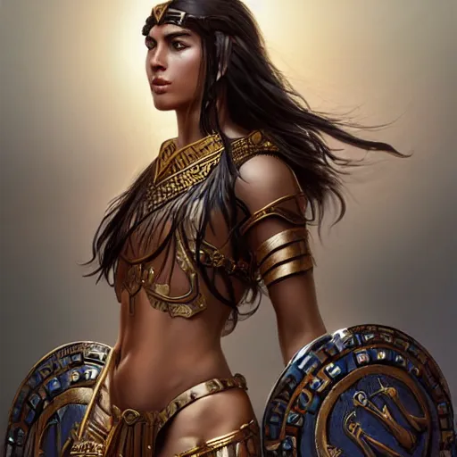 Prompt: greek amazon warrior, tall beautiful bronzed skin long raven hair, dressed in hellenistic body armour, medium shot, beautiful face, professionally retouched, soft lighting, realistic, smooth face, perfect eyes, sharp focus, 8 k realistic high definition, insanely detailed, intricate, elegant, art by stanley artgerm and kyoung hwan kim