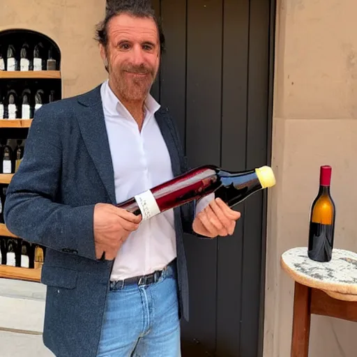 Prompt: photograph of a frenchman with a baguette and a bottle of wine in 2 0 2 0