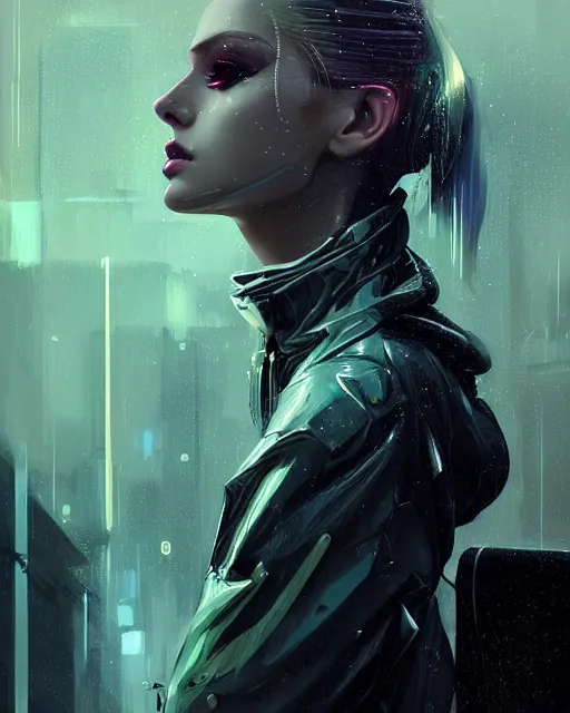 Image similar to detailed portrait of European Pretty Young Girl Storm Rain movie Jacket coat, Futuristic sci-fi fashion, royal attire by ismail inceoglu dragan bibin hans thoma greg rutkowski Alexandros Pyromallis Nekro Rene Margitte illustrated Perfect face, sharp chine, fine details, realistic shaded, fine-face, pretty face cyberpunk, neotokyo, synthwave, aesthetics, futuristic, low-emission-neon, bladerunner movie scene