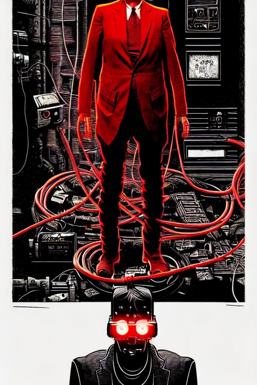 Prompt: Cyberpunk Mr. Bean | Cyborg in Red surrounded by cables | 19th century wood-engraving , whole page illustration , art in the style of greg rutkowski and thomas kinkade and Larry Elmore