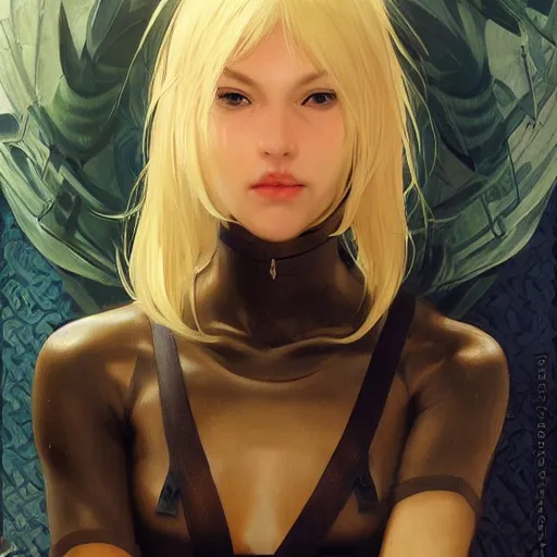 Image similar to Blonde Girl from Metal Gear Solid with thin lips, pronounced cheekbones, hair of medium length (longer caret), highly detailed, digital painting, artstation, concept art, smooth, sharp focus, illustration, ArtStation, art by artgerm and greg rutkowski and alphonse mucha and J. C. Leyendecker and Edmund Blair Leighton and Katsuhiro Otomo and Geof Darrow and Phil hale and Ashley wood and Ilya repin and Charlie Bowater