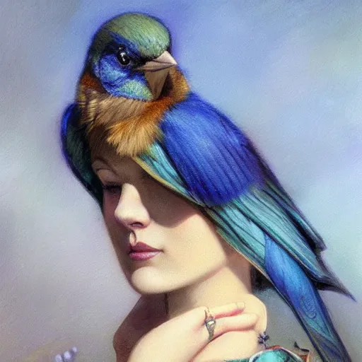 Prompt: an indigo bunting, bird, wearing a crown and bowtie by greg rutkowski, rossdraws, gil elvgren, enoch bolles, anime, very coherent