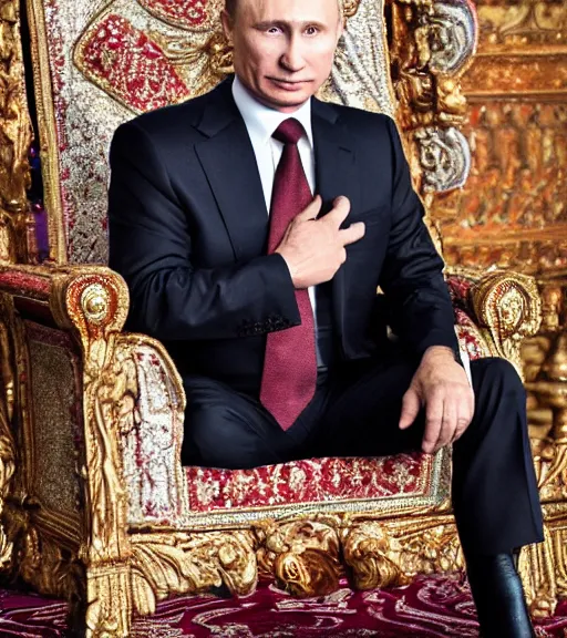 Image similar to A photo of vladimir putin the barbarian sitting on his throne, award winning photography, sigma 85mm Lens F/1.4, perfect faces