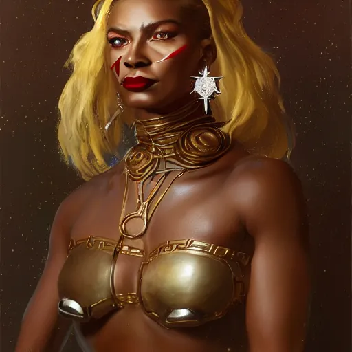 Prompt: detailed oil portrait of tall muscular shining bronze - skinned warrior cat with silver eyes, with short wavy flowing black hair and big gold earrings, jewelry, red lipstick, makeup, feminine, volumetric lighting, dynamic composition, art by sachin teng and sergey kolesov and ruan jia and heng z, scifi, concept art