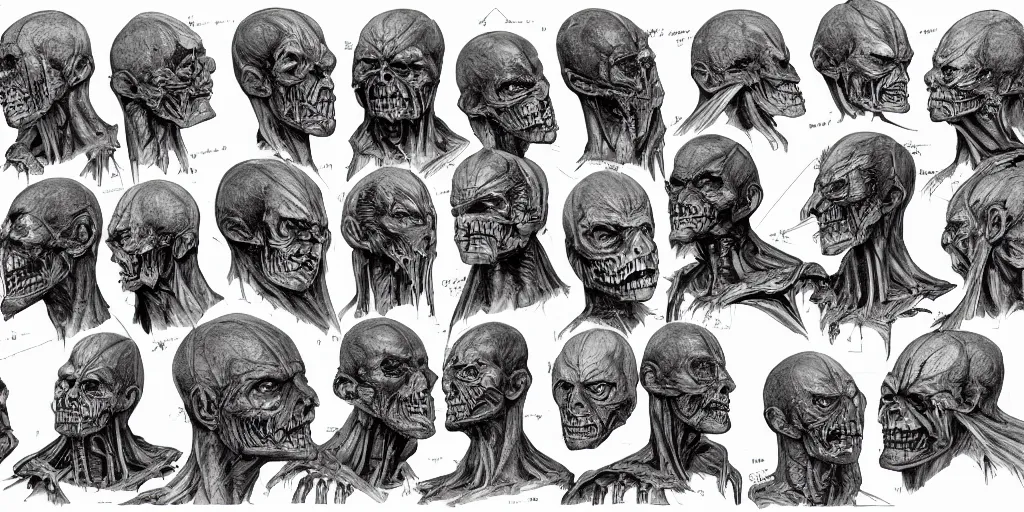 Image similar to highly detailed character sheet, expressive facial features, technical drawing, frontal and side views, human head, game protagonist designs, side - scrolling 2 d platformer, art by h. r. giger, kim jung gi and burne hogarth