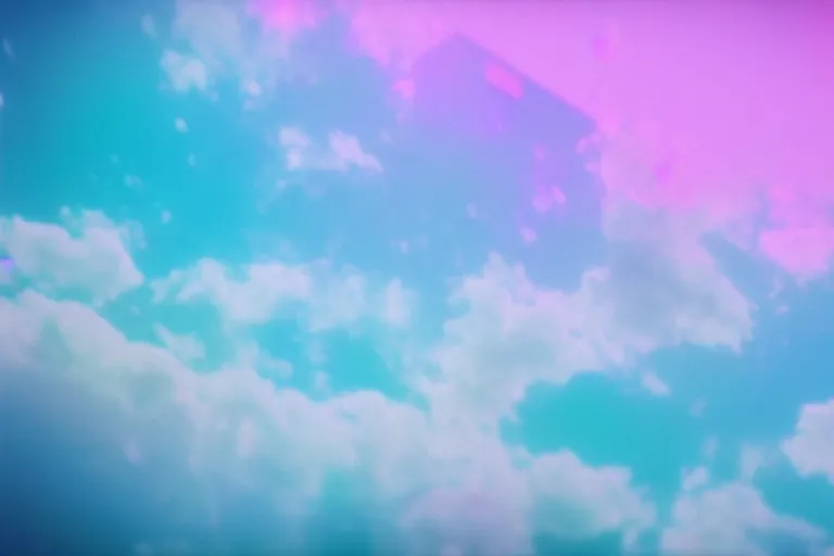 Image similar to high fidelity quality billboard photograph of a grunge model falling horizontally through realistic clouds wearing packing foam. three point light. photographic production. art directed. white pink blue lavender. gradient overlay. waves glitch artefacts. 8 k. filmic.