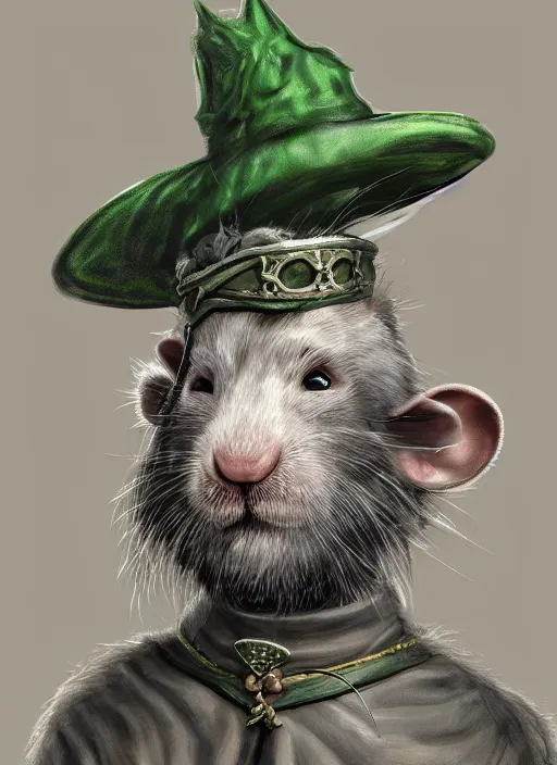 Prompt: gray rat standing on two legs, gray beard, wearing jewelry, green eyes, tricorne hat, green robe, D&D, digital art, realistic, trending on artstation, 4k, sea in the background