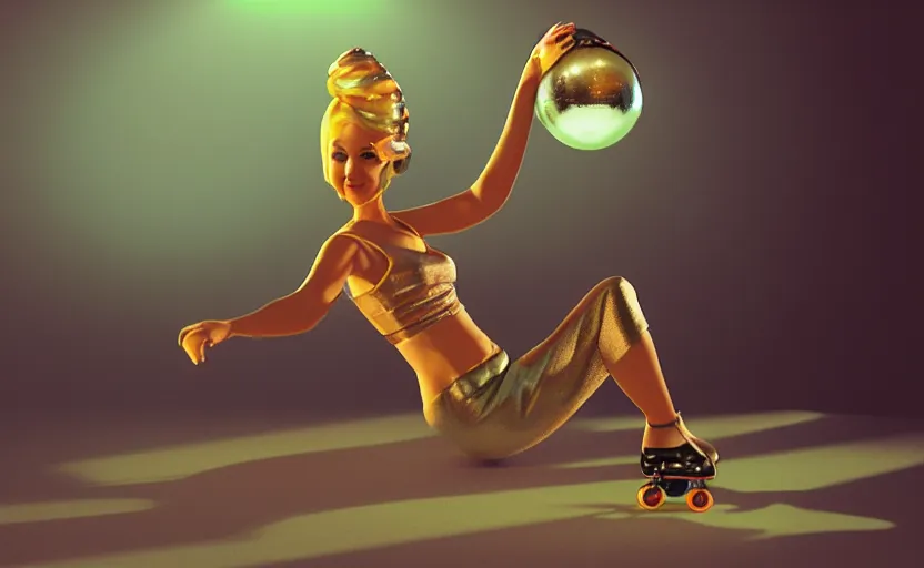 Prompt: “a roller skating diva with a disco ball head, by Vladimir kush, by Laurie Lipton, rendered in octane, volumetric lighting, retro color scheme”