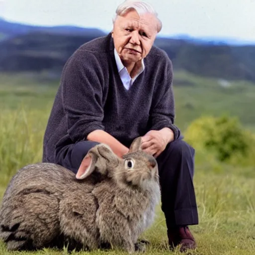 Prompt: david attenborough sitting next to a fanged rabbit, still from nature documentary