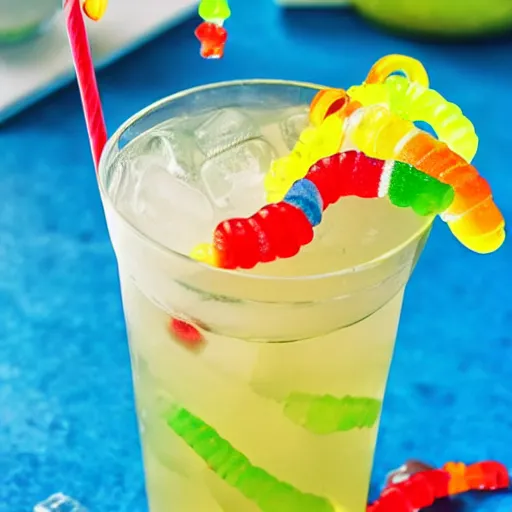 Image similar to lemonade with gummy worms floating through it, slurp drink, food network recipe photography