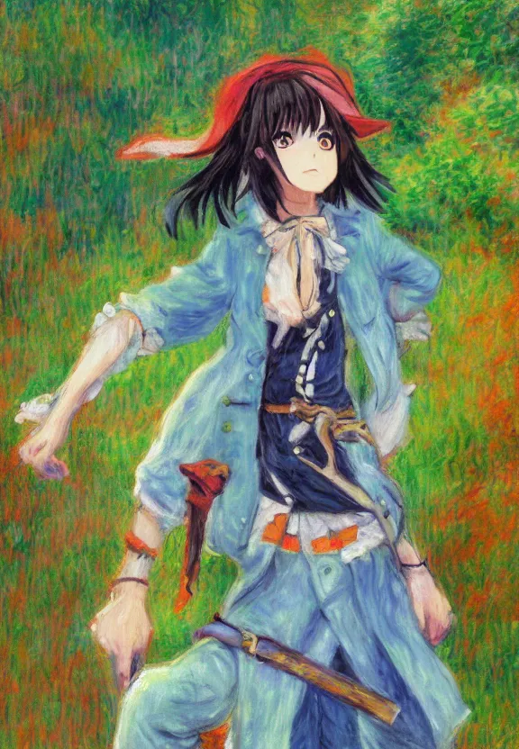 Image similar to wide angle painting of a teenage pirate girl, a thrifty uniform, somewhat of an anime in impressionist style, fantasy forest background, trending artwork, illustrated in anime painter studio, by claude monet and an anime artist, collaboration