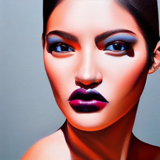 Image similar to fashion model with half black face, hyperrealism oil painting