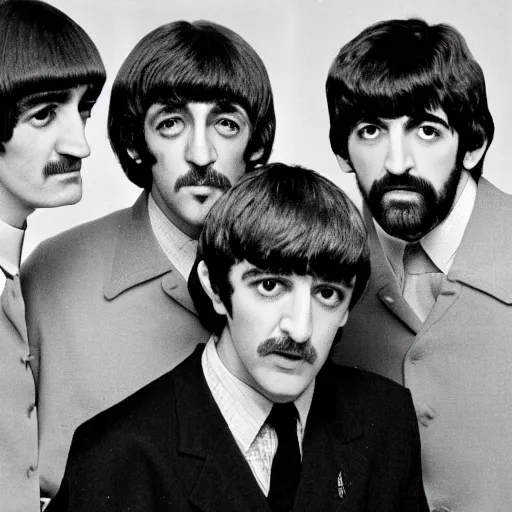 Image similar to a photo of paul, george, ringo and john all with a blank look on their faces, looking at one another