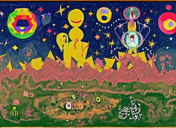 Image similar to pixel decollage painting tarot lovers card composition tower of babel road golden armour wonky alien frog and clown vampire maggot knight on a skeleton pale horse in a dark green cloudy night sky with golden foil jewish stars and diamonds, mountain lake and blossoming field in background, painted by Mark Rothko, Helen Frankenthaler, Danny Fox and Hilma af Klint, pixelated, neo expressionism, semi naive, pastel colors, cinematic, color field painting, cave painting, voxel, pop art look, outsider art, minimalistic. Bill Traylor painting, part by Philip Guston, Amano and Beksinski. art by Adrian Ghenie and Storm Thorgerson, very coherent symmetrical artwork, cinematic, hyper realism, high detail, octane render, unreal engine, Smooth gradients, depth of field, full body character drawing, extremely detailed, 8k, extreme detail, intricate detail, masterpiece