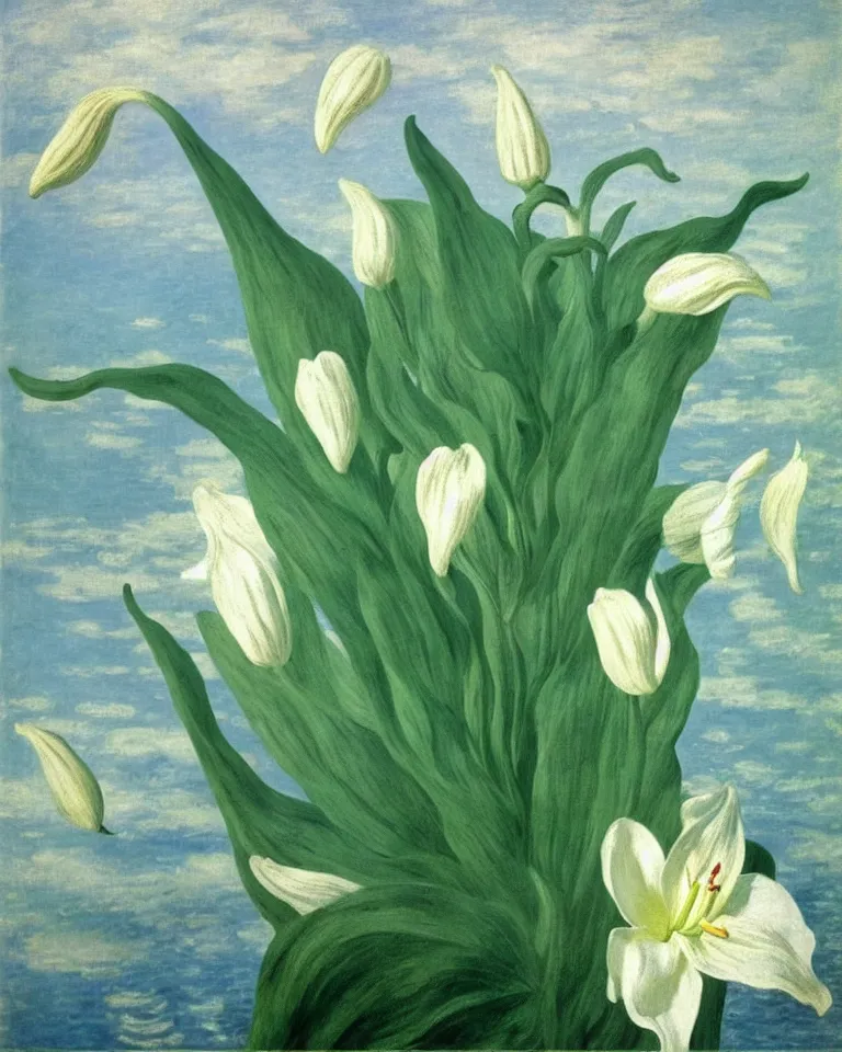 Prompt: achingly beautiful painting of one white lily on green background rene magritte, monet, and turner. piranesi.