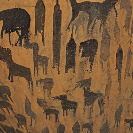 Prompt: cave painting of new york city on a cave wall, cave painting, detailed