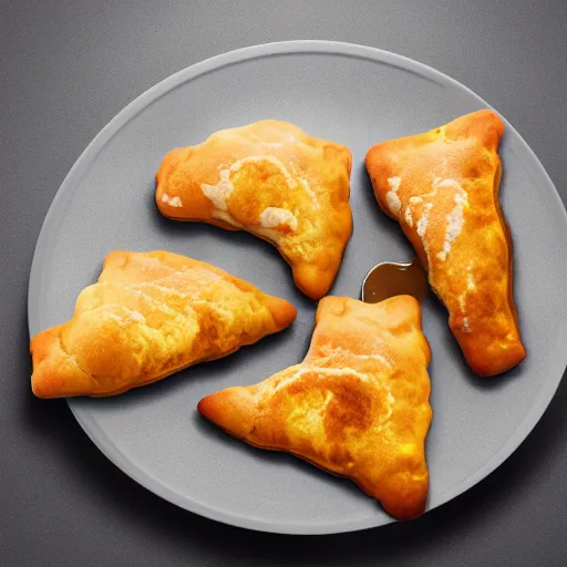 Prompt: concept art full isometric view of a plate with three delicious pumpkin turnovers with glazing in the style of pixar, octane render, blender, arstation