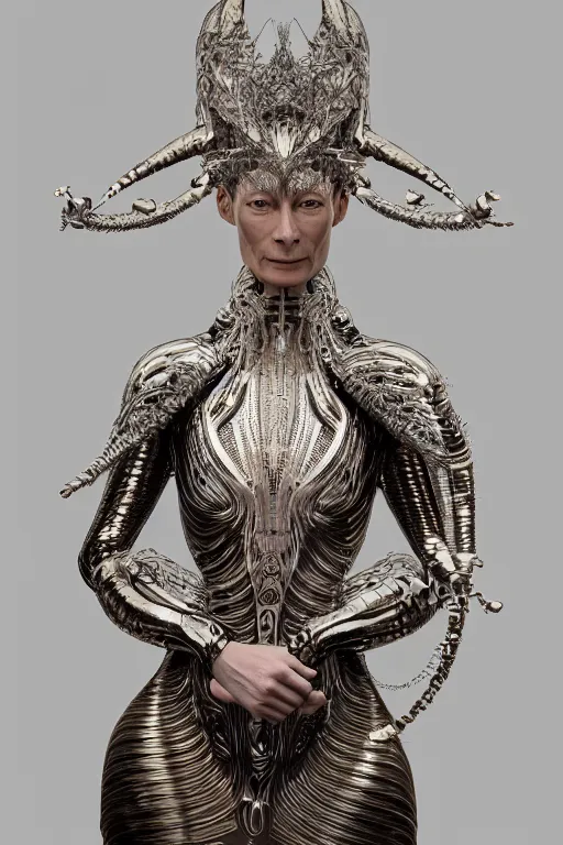 Prompt: a highly detailed 4 k render portrait of an alien goddess tilda swinton in iris van herpen dress schiaparelli armor in diamonds and lots of jewelry in style of alphonse mucha trending on artstation made in unreal engine 4