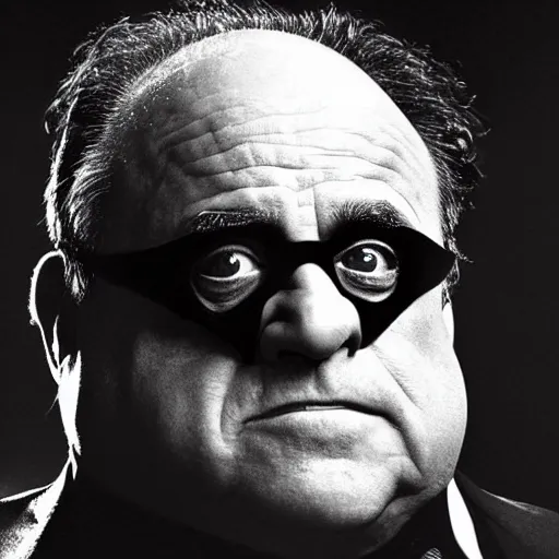 Prompt: photorealistic photograph of danny devito playing the role of batman, christopher nolan movies, night time, crime noir theme, 4 k