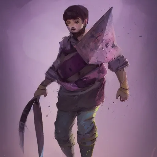 Prompt: duergar male child character portrait with pale purple skin, by Ismail Inceoglu, shabby clothes, leather pouch, wielding knife, grinning, youthful, dungeons and dragons, digital art, art