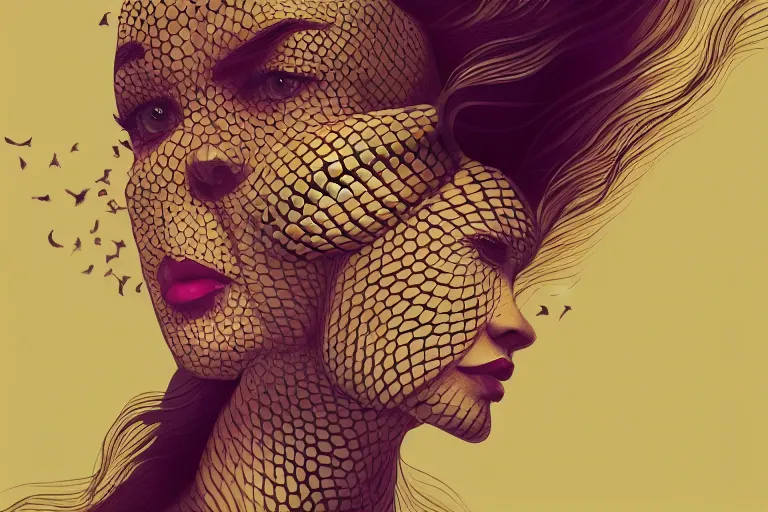 Prompt: photo of woman with snakes instead of hair in modern city, elegant, highly detailed, smooth, sharp focus, trippy, dmt, psychedelic, illustration, beautiful, geometric, trending on artstation, cinematic, artwork by WLOP