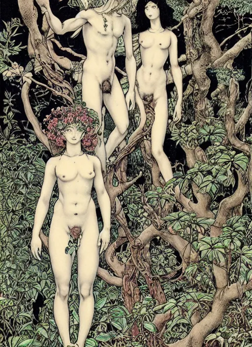 Prompt: adam and eve in eden garden, by Vania Zouravliov and Takato Yamamoto, high resolution