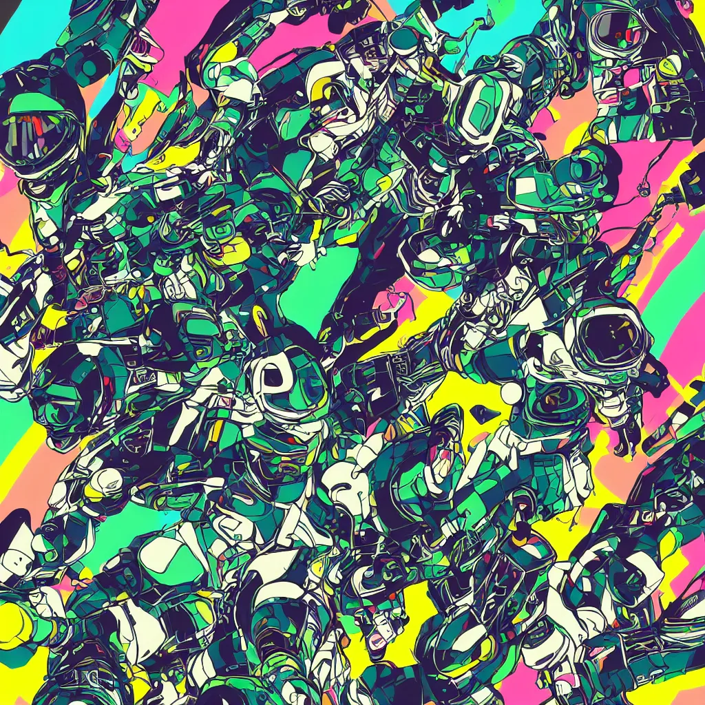 Image similar to people wearing helmets, ryuta ueda artwork, jet set radio artwork, stripes, gloom, space, cel - shaded art style, broken rainbow, data, minimal, speakers, code, cybernetic, dark, eerie, cyber