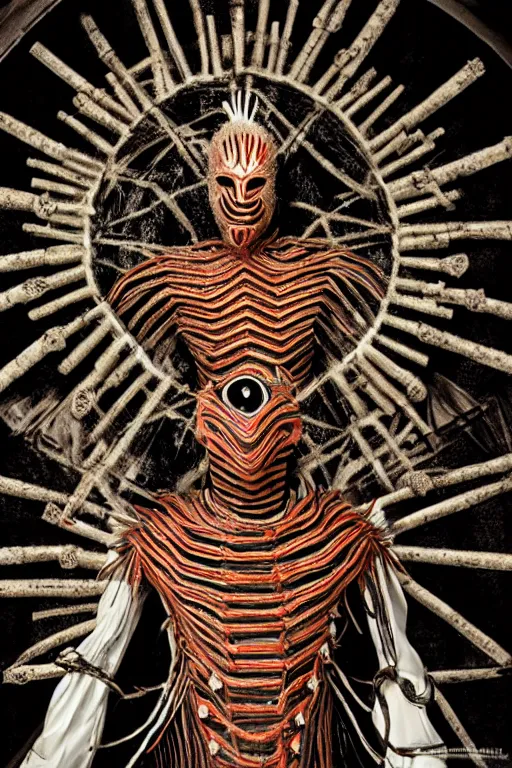 Image similar to dressed senobith, symmetrical, cinematic, elegant, dark, real photography, costume made by clive barker, 4 k, ultra hd, sense of awe