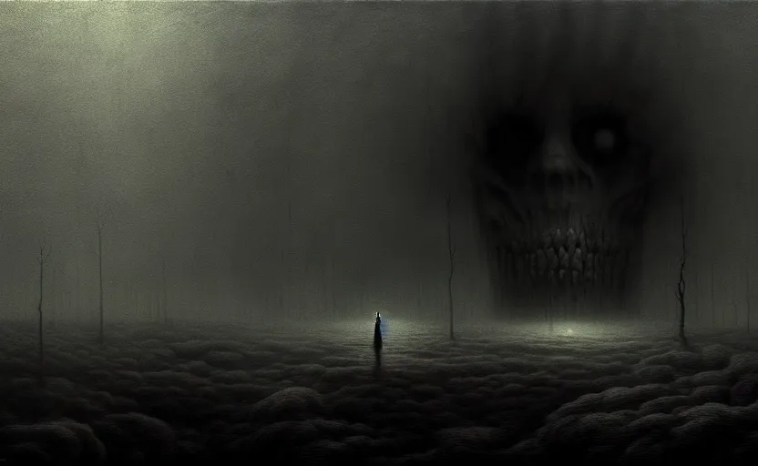 Image similar to an extremely detailed masterpiece of nightmares'and horrors, inspired by zdzislaw beksinski, digital art, moody lighting, apocalyptic, epic scene, extremely moody lighting, glowing light and shadow, 4 k
