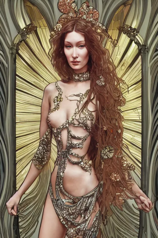 Image similar to a highly detailed painting of a beautiful alien goddess bella hadid in iris van herpen dress schiaparelli in diamonds in style of alphonse mucha art nuvo trending on artstation