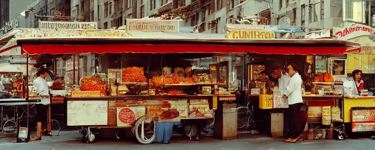 Image similar to food stand selling spaghetti, in downtown nyc, kodachrome, in the style of wes anderson, retro