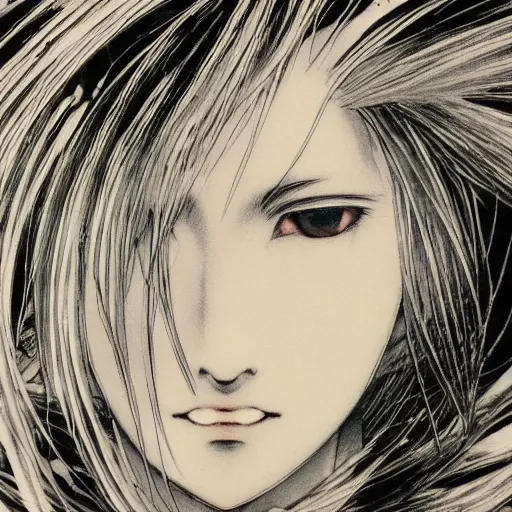 Image similar to yoshitaka amano blurred and dreamy illustration of an anime girl with black eyes, wavy white hair fluttering in the wind wearing elden ring armor and engraving, abstract black and white patterns on the background, noisy film grain effect, highly detailed, renaissance oil painting, weird portrait angle, blurred lost edges, three quarter view