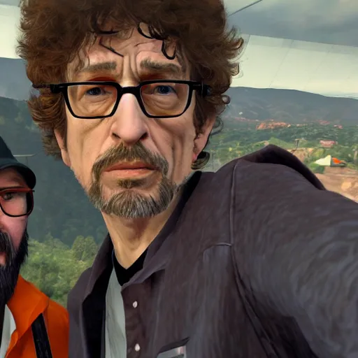 Image similar to gordon freeman and bob dylan taking a selfie together, realistic, hyperrealistic, ultra realistic, real, real world, highly detailed, very detailed, extremely detailed, intricate details, 8 k resolution, hd quality, selfie, low quality, blurry