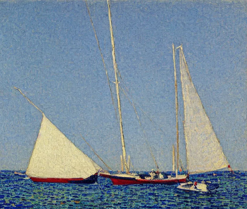 Image similar to van Rysselberghe painting of a single mast sailboat