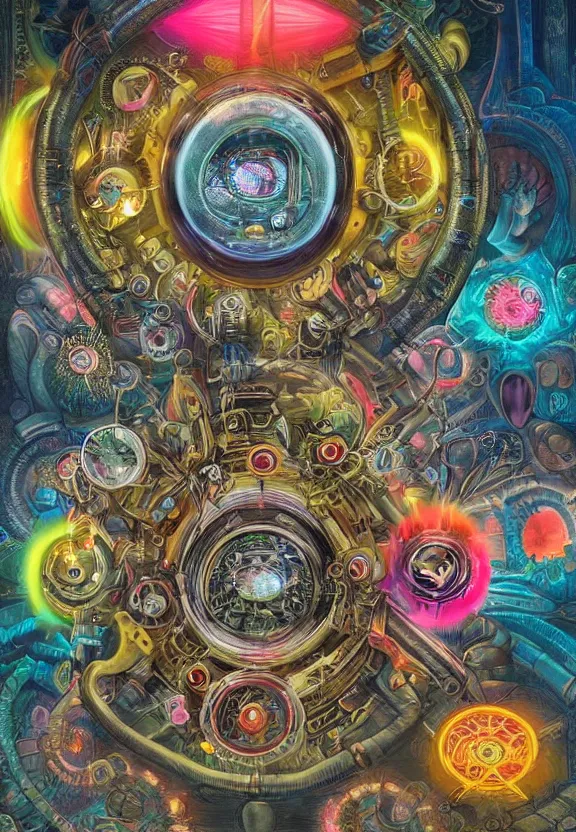 Image similar to colorful medical equipment, cameras, radiating, neon light mandala, portal, minimalist environment, by ryan stegman and hr giger and esao andrews and maria sibylla merian eugene delacroix, gustave dore, thomas moran, the movie the thing, modern art, claes oldenburg, saturated