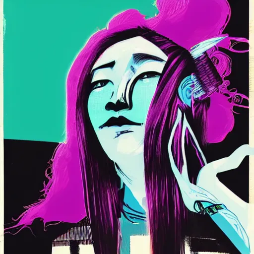 Prompt: Graphic Illustration, Creative Design, Glitch Art, Young Asian Woman with Purple Hair, by Ashley Wood and Jamie Hewlett