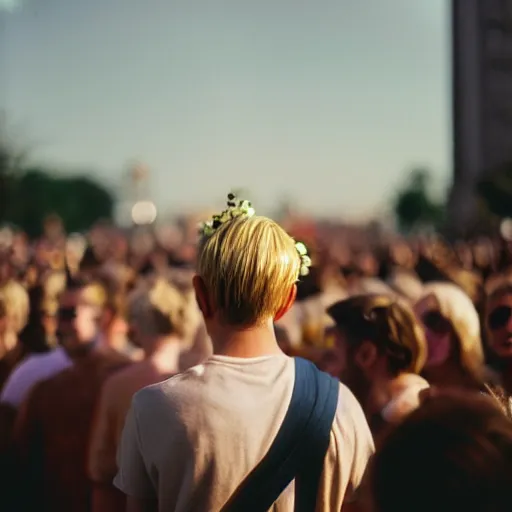 Image similar to kodak portra 4 0 0 photograph of a skinny blonde guy standing in a crowd, back view, flower crown, moody lighting, moody vibe, telephoto, 9 0 s vibe, blurry background, vaporwave colors, faded!,