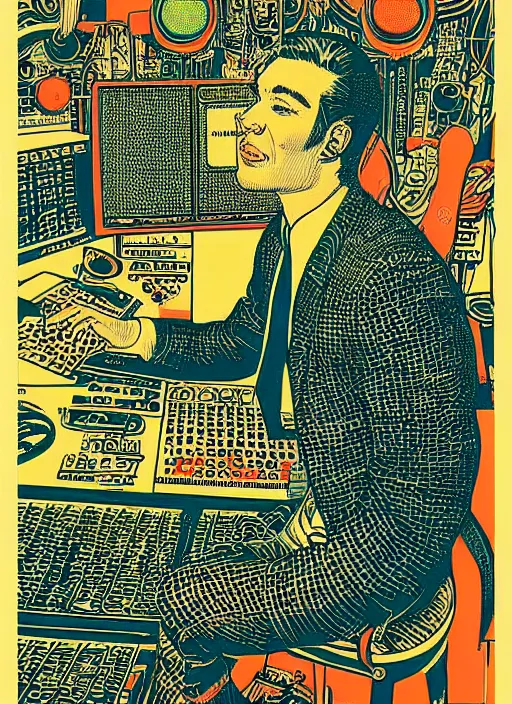 Image similar to A beat producer, screen print, art by Chuck Sperry, vintage 1960s print, minamilst