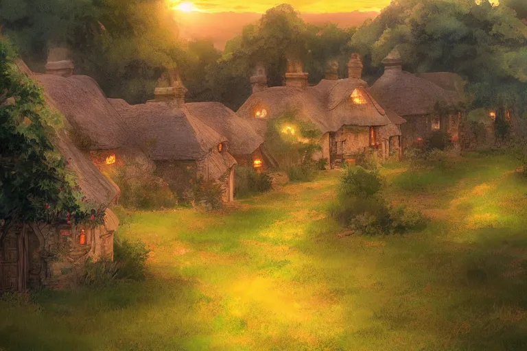 Image similar to sunset over the cottages in the shire, ghibli, artstation, award wining, rutkowski, shinkai