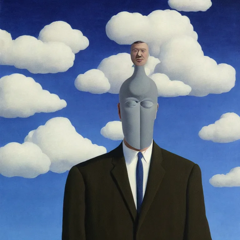 Prompt: portrait of a faceless mirror - head man in a suit, clouds in the background, by rene magritte, detailed painting, distance, middle centered, hd, hq, high resolution, high detail, 4 k, 8 k