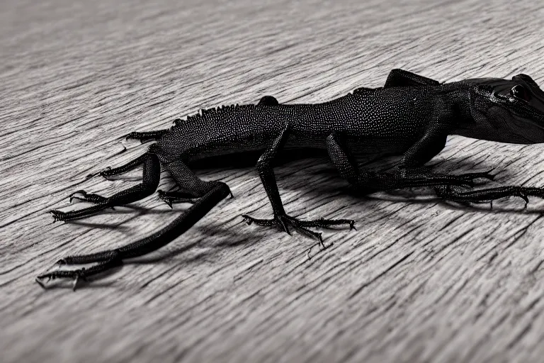 Image similar to octane render of a black lizard with 6 legs, sitting on wood, ambient lighting, intricate light, detailed, hyper realistic