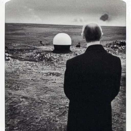 Prompt: Vladimir putin looking at an atomic bomb. polaroid. bleak.